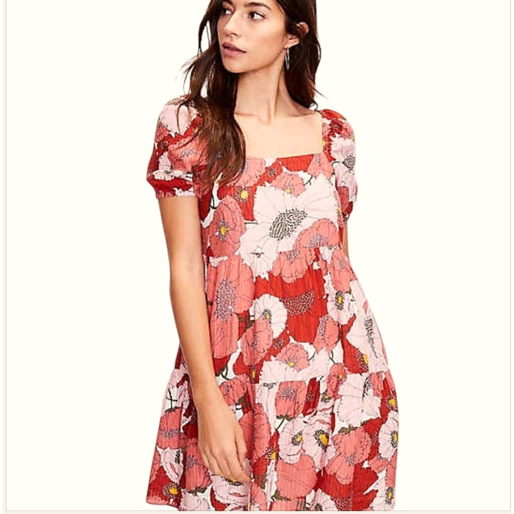 Loft Womens Orange Pink Poppy Floral Puff Sleeve Tiered Babydoll Dress 2